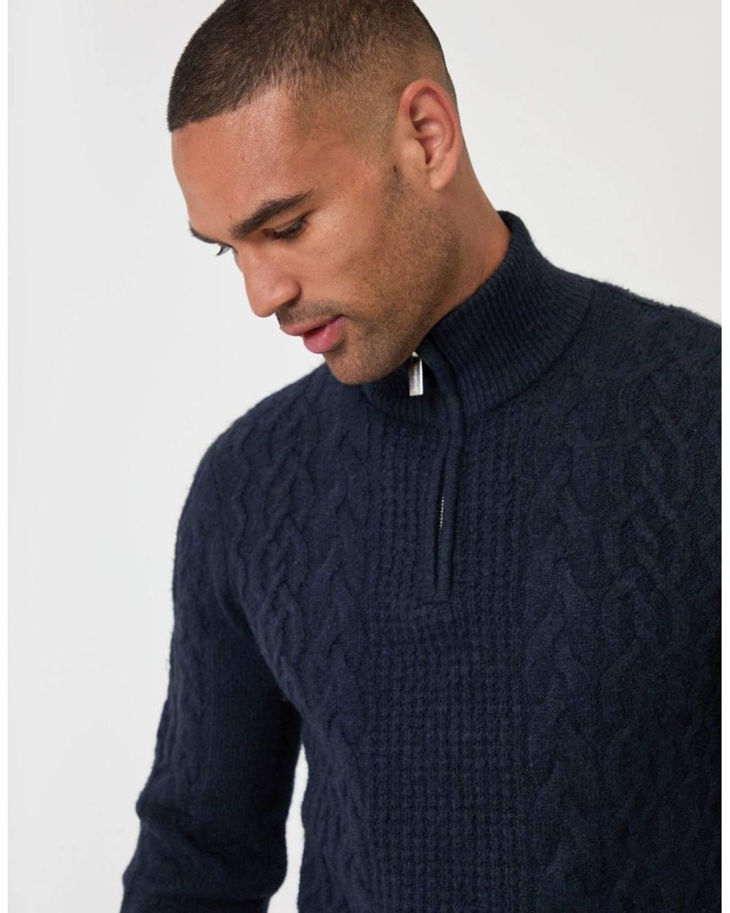Threadbare Blue Cable Knit Quarter Zip Jumper for men