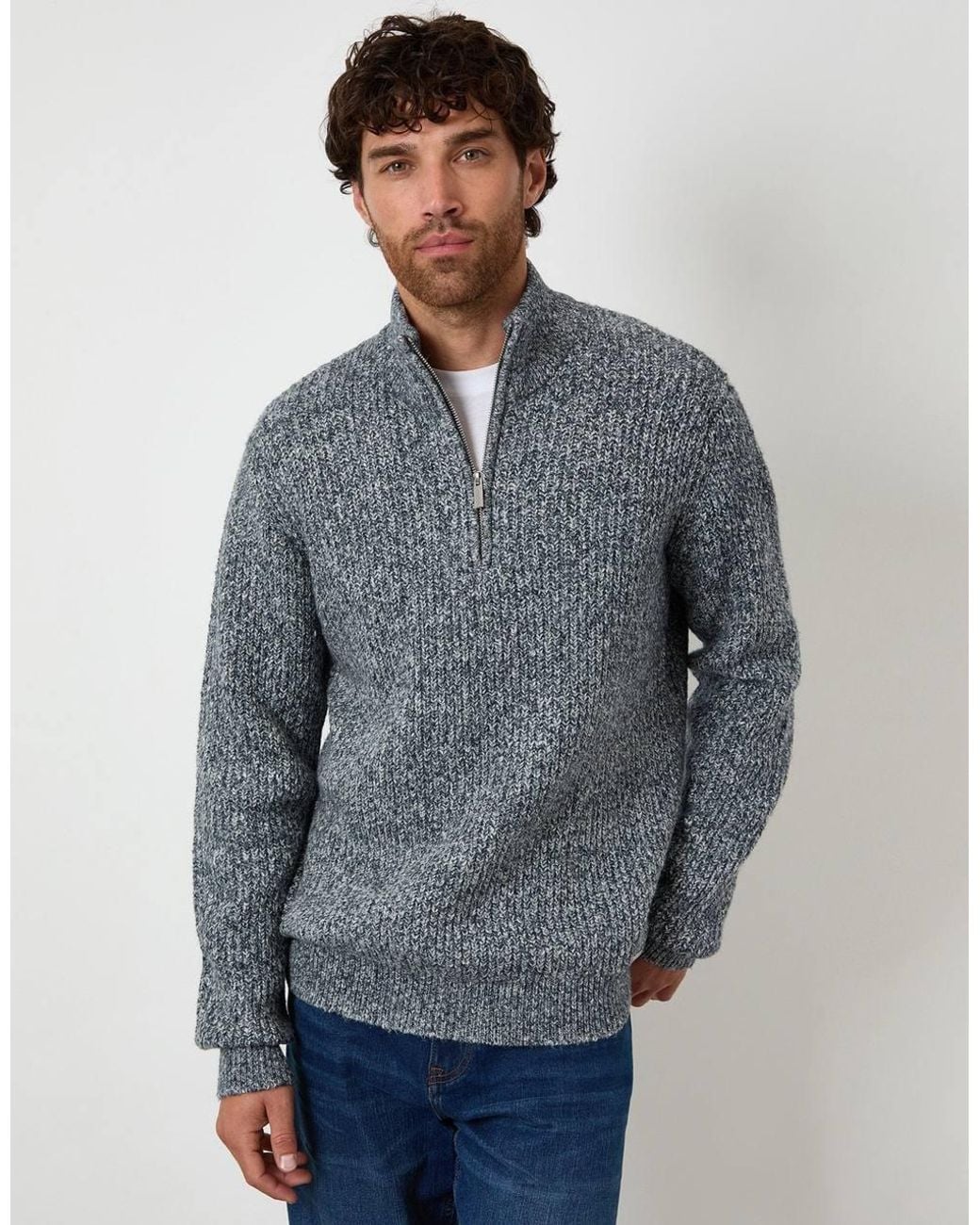 Threadbare Blue Knitted Quarter Zip Jumper for men