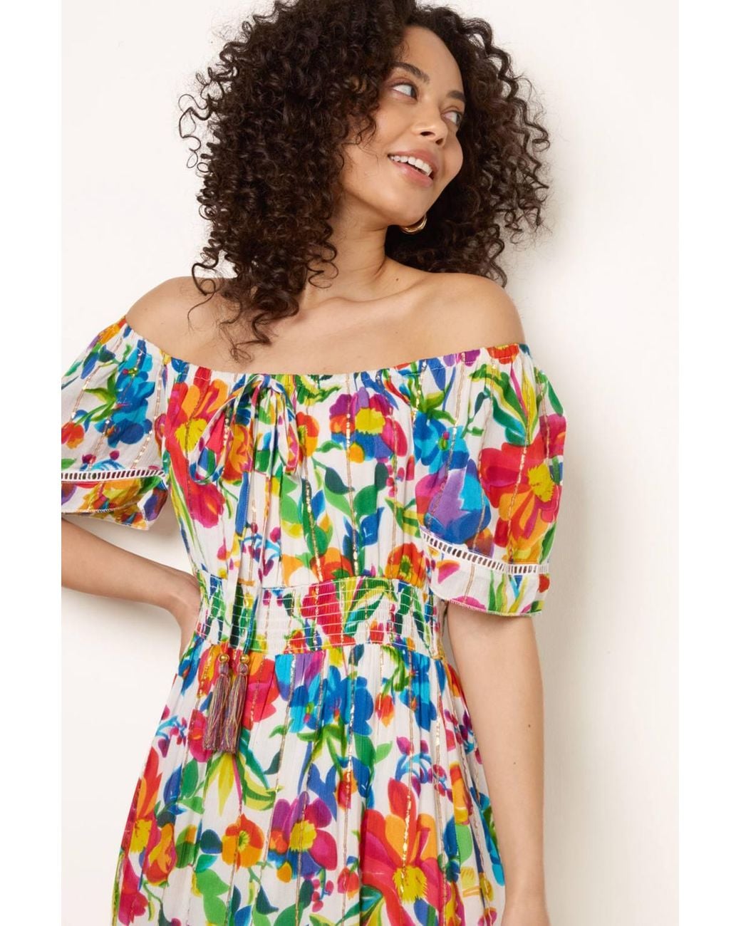 Blue Vanilla White Multi Short Sleeve Bardot Maxi Dress