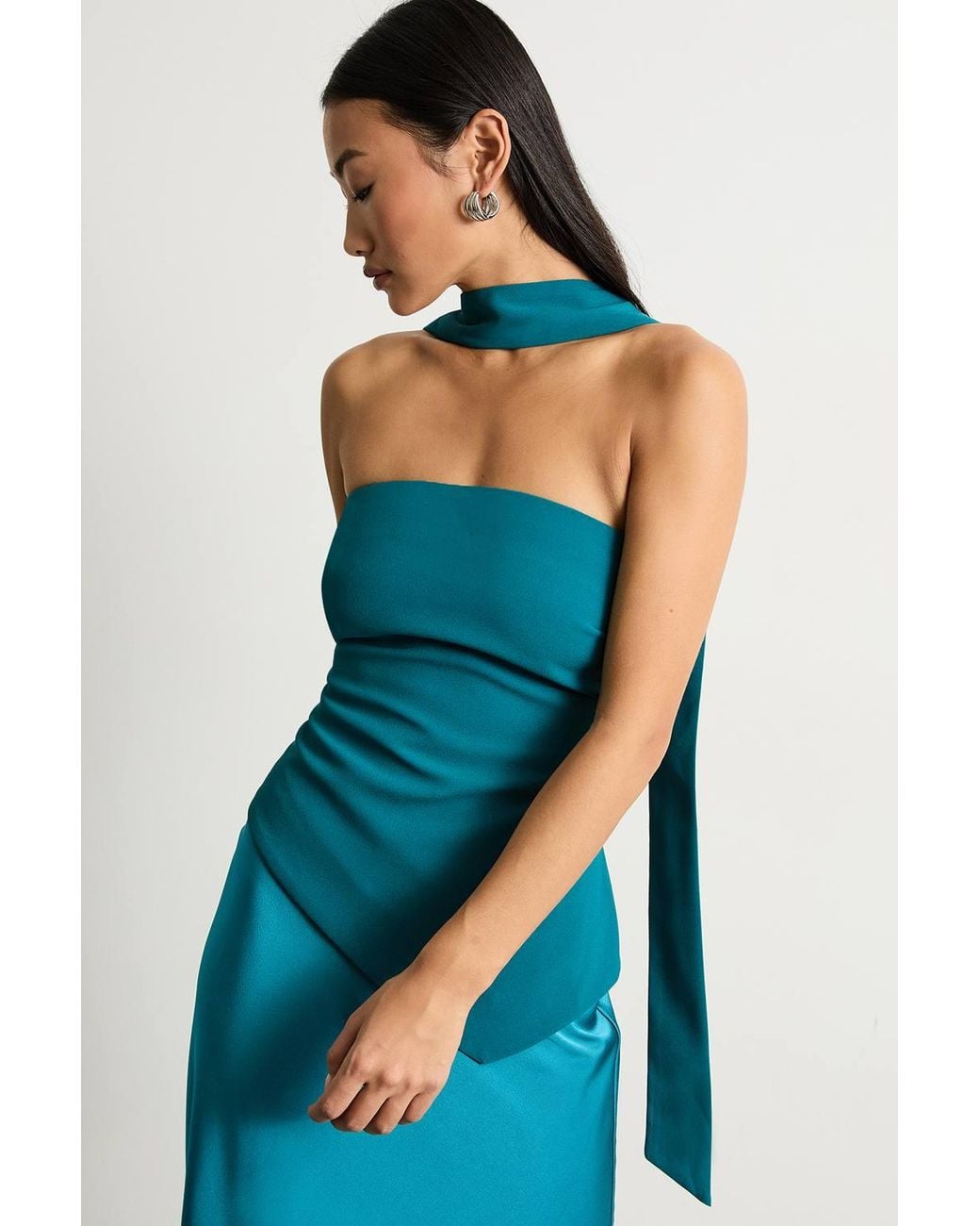Warehouse Blue Petite Strapless Structured Bodice Satin Midi Dress