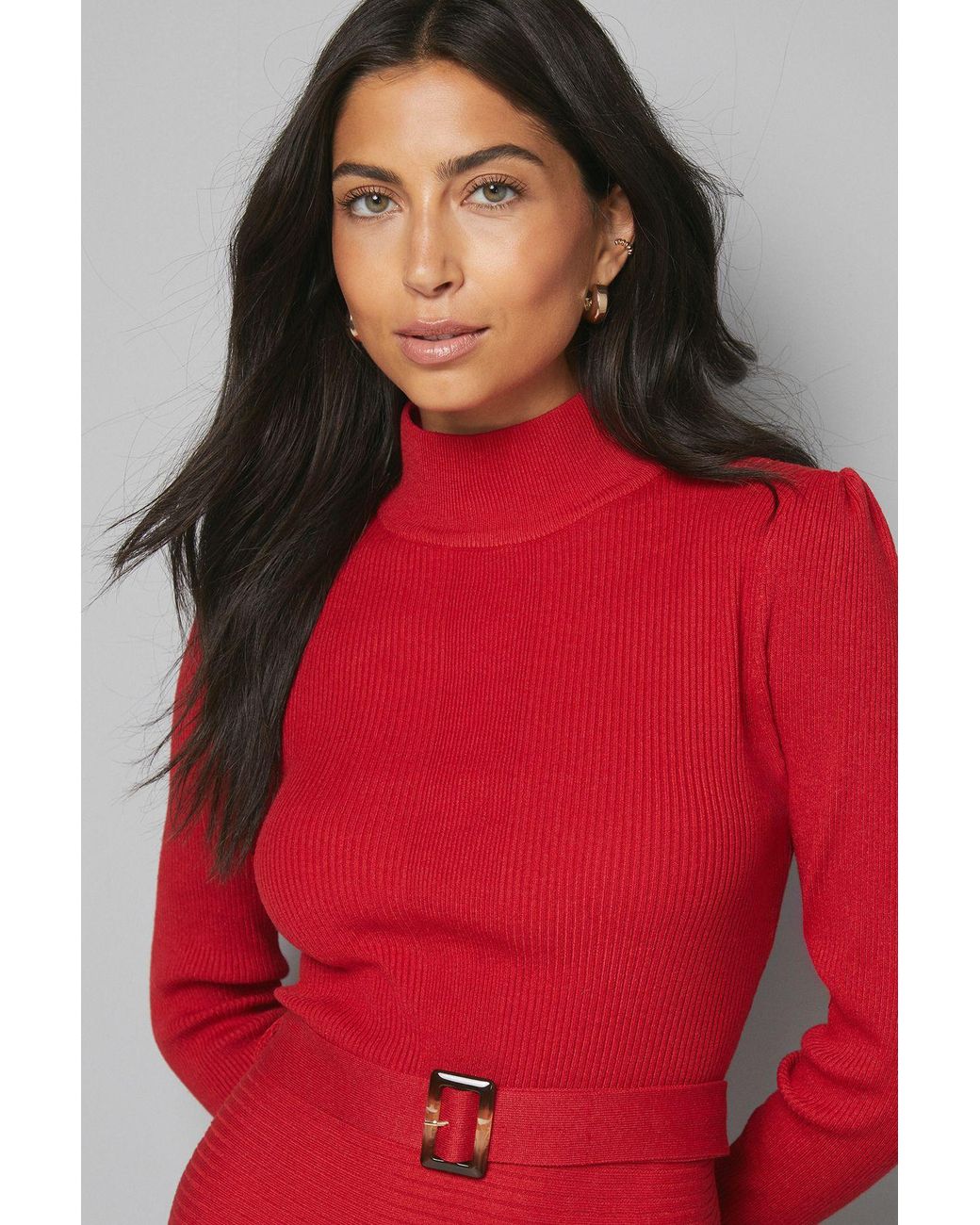 Wallis Red Rib Detail High Neck Belted Knitted Dress
