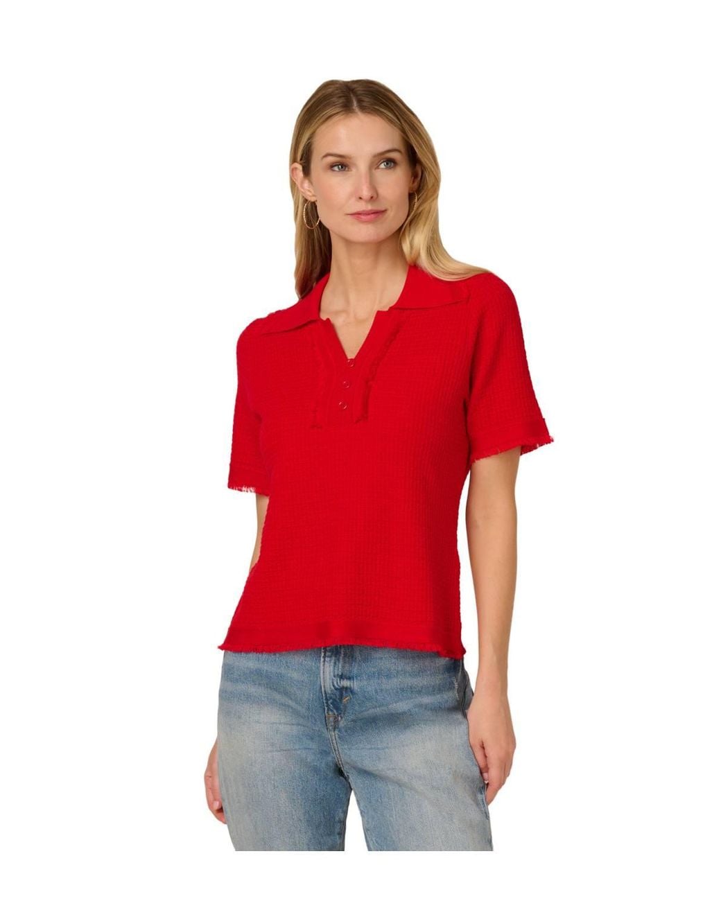 Adrianna Papell Red Short Sleeve Button Front Polo Fray Edge Sweater