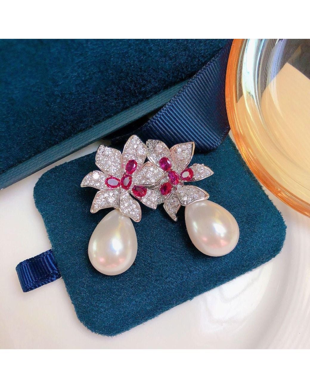 Peach Accessories Blue Pearl Drop Earrings With Sparkling Accents