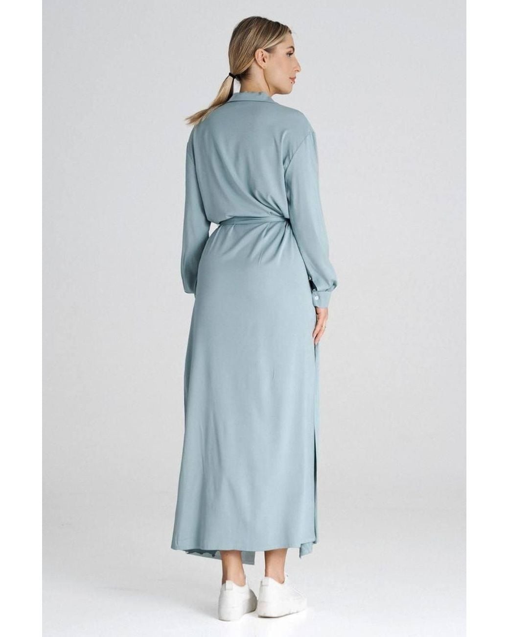 Love Lace Blue Collared Long Sleeve Buttoned Shirt Dress