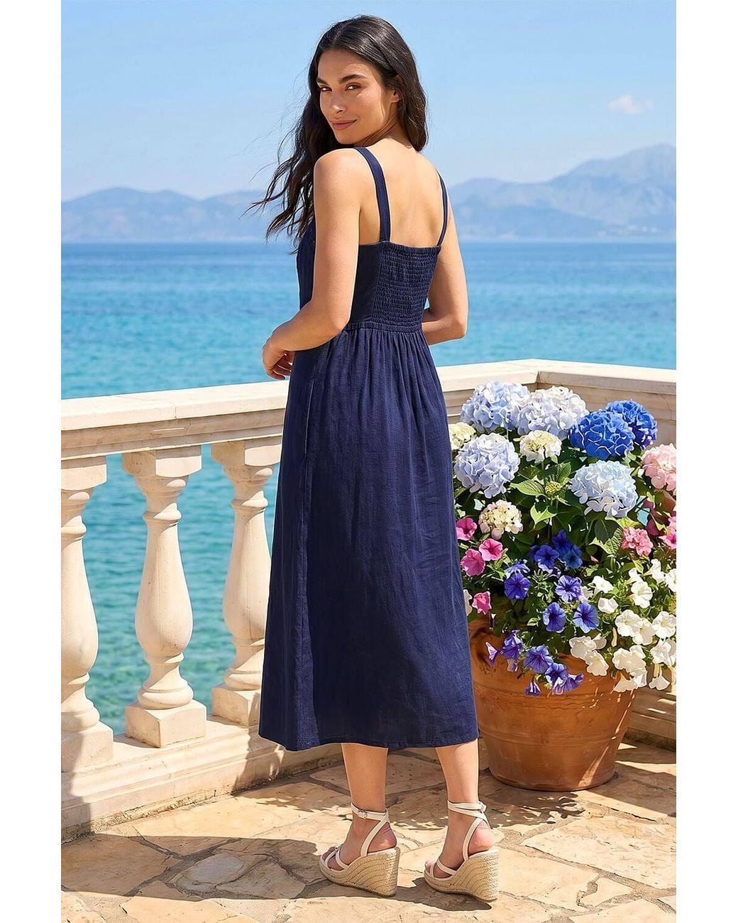 Roman Blue Linen Blend Lace Trim Midi Dress