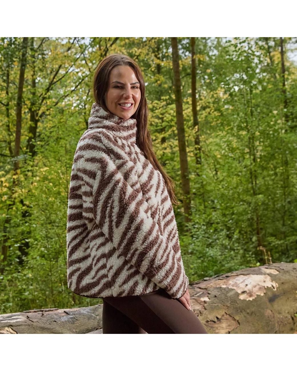 OHS Green Zebra Print Half Zip Jacket Teddy Fleece Pullover Jumper Sweatshirt