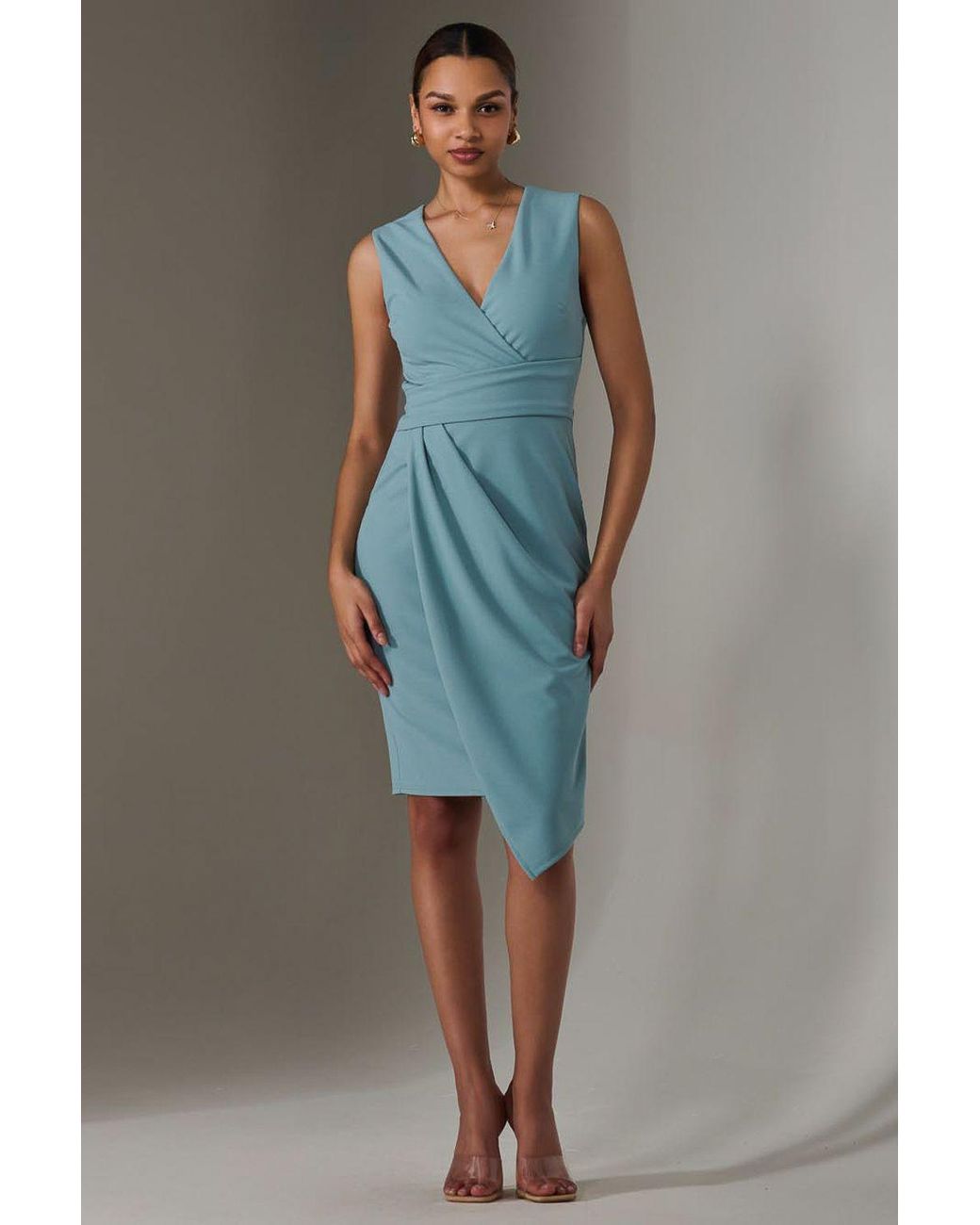 Jolie Moi Blue Sleeveless Wrap Front Midi Dress