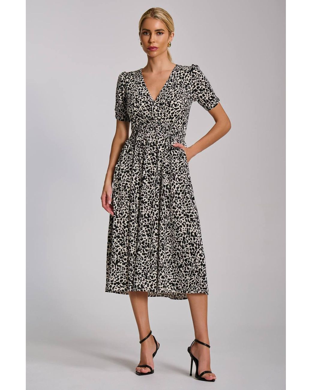 Jolie Moi Gray Short Sleeve Printed Jersey Midi Dress