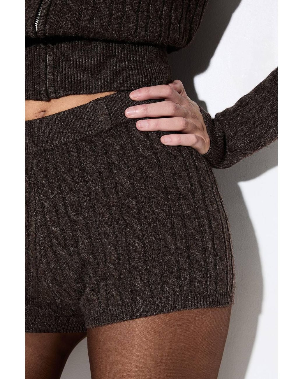 MissPap Brown Fitted Cable Detail Knitted Short