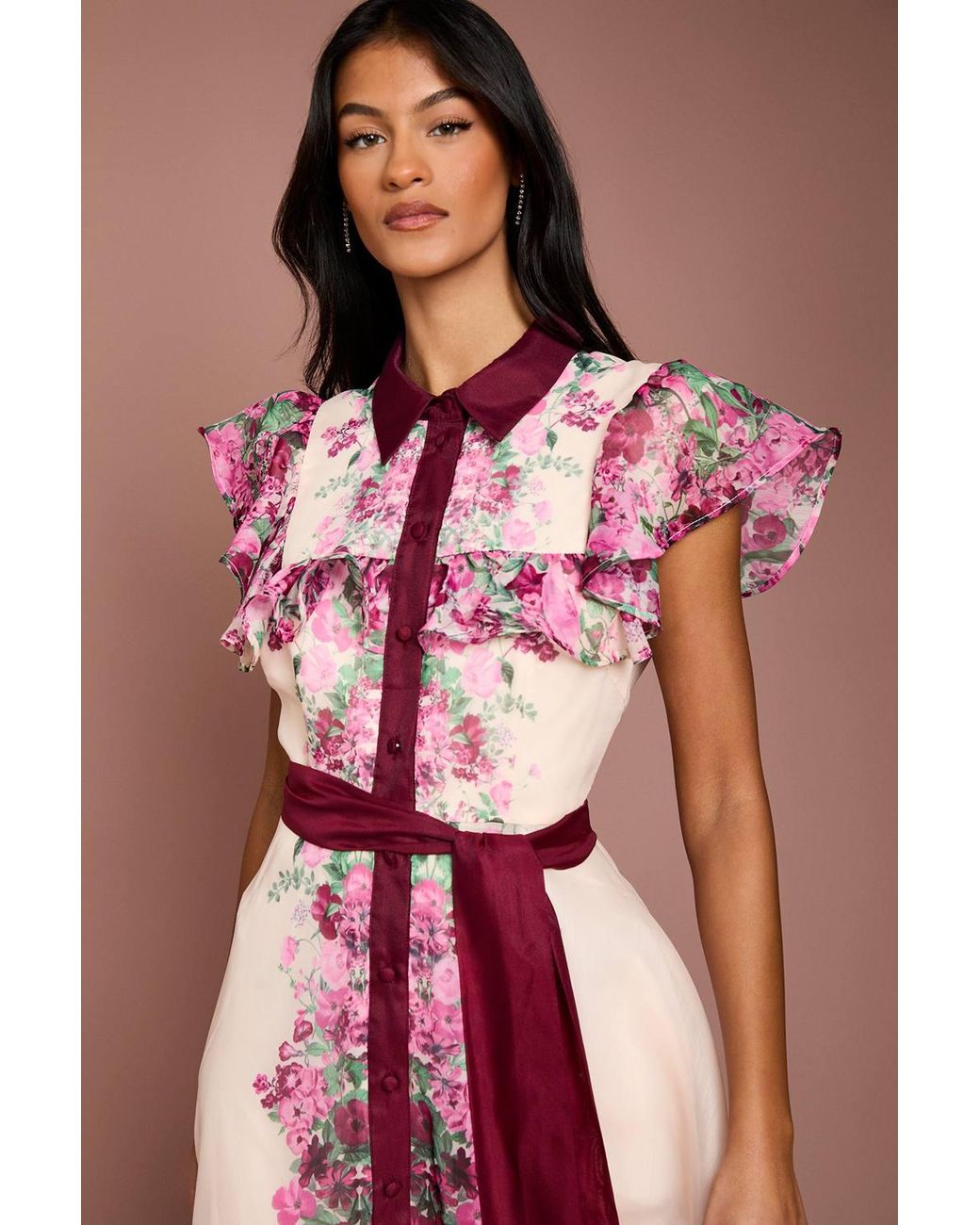 Coast Pink Petite Placement Print Frill Midi Dress