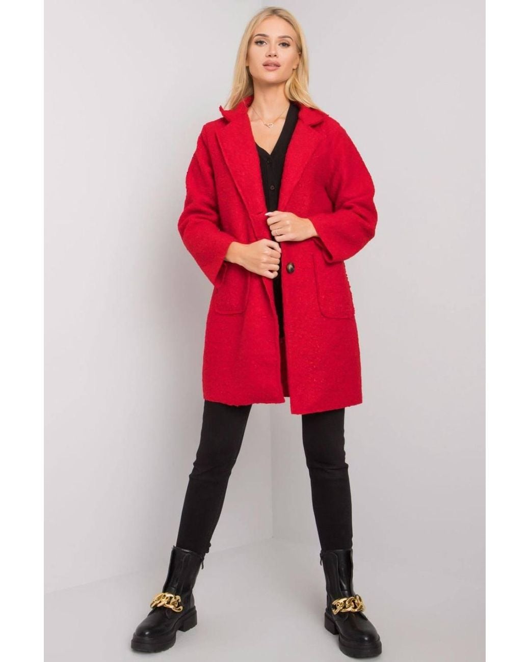 Love Lace Red Boucle Coat With Button Closure Pockets