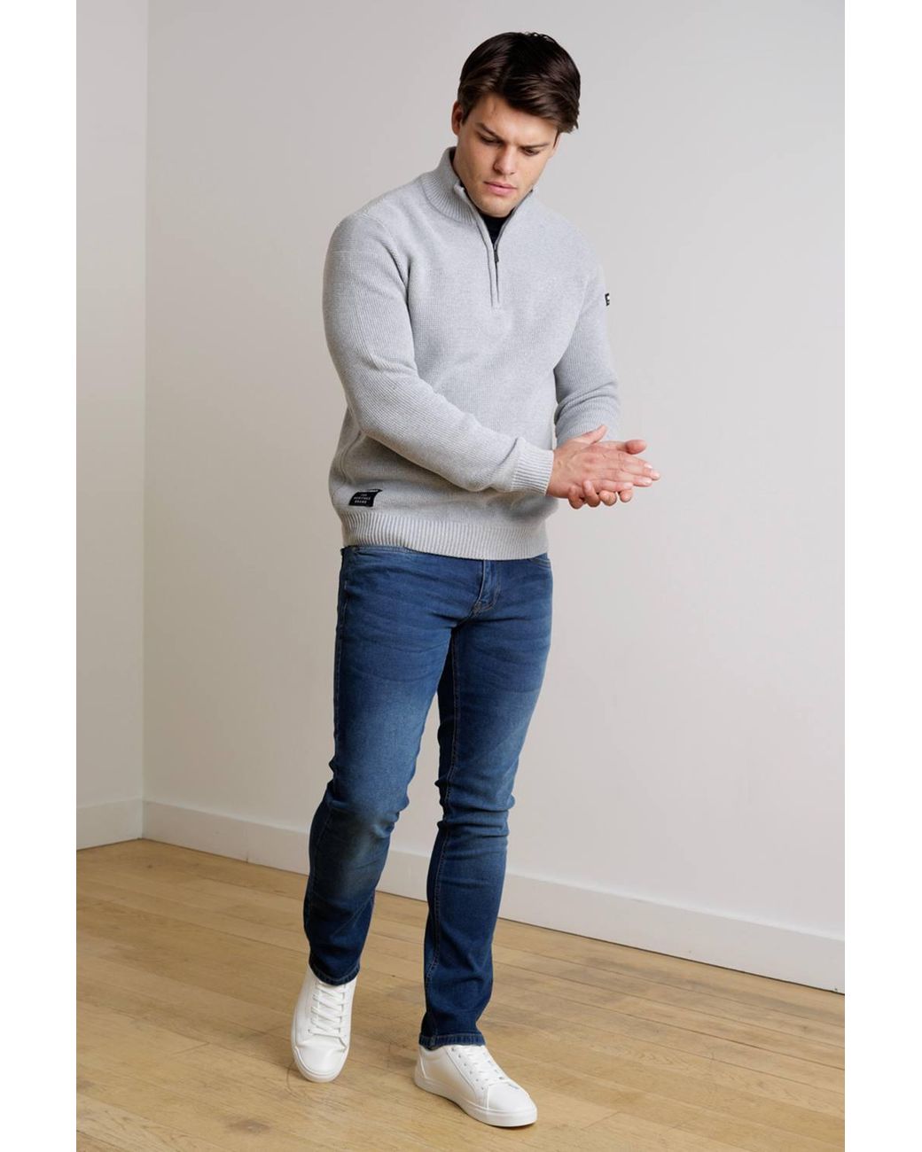 Firetrap Gray Cotton Rich Half Zip Funnel Neck Jumper for men