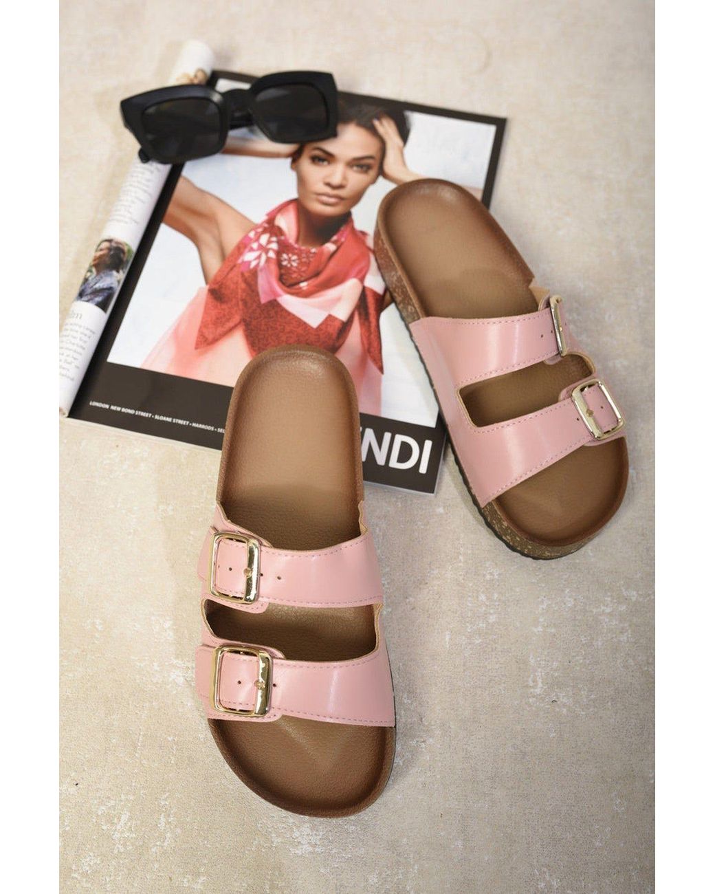 IKRUSH Pink Miriam Double Buckle Strap Sandals With Block Heel