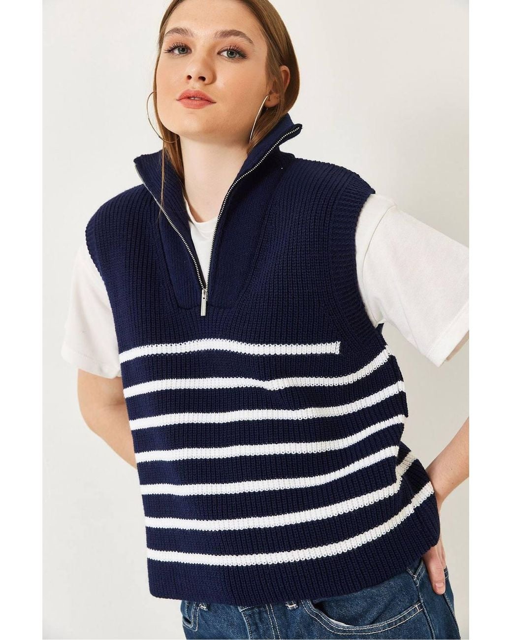 Bianco Lucci Blue Striped Knitwear Sweater Vest With Zipper Collar