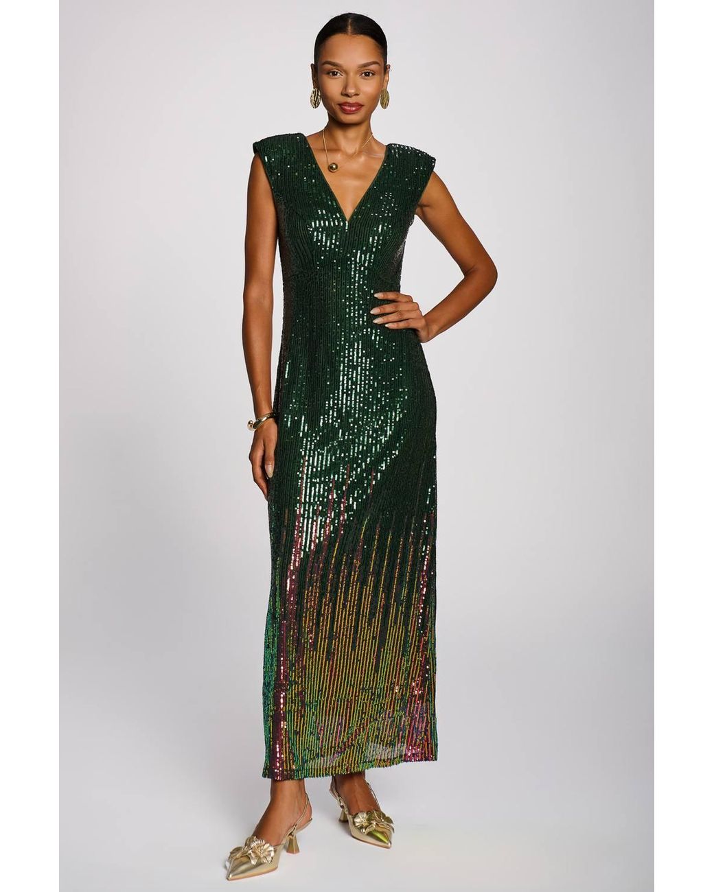 Jolie Moi Green Multi-Tone Patterned Sequin Maxi Dress
