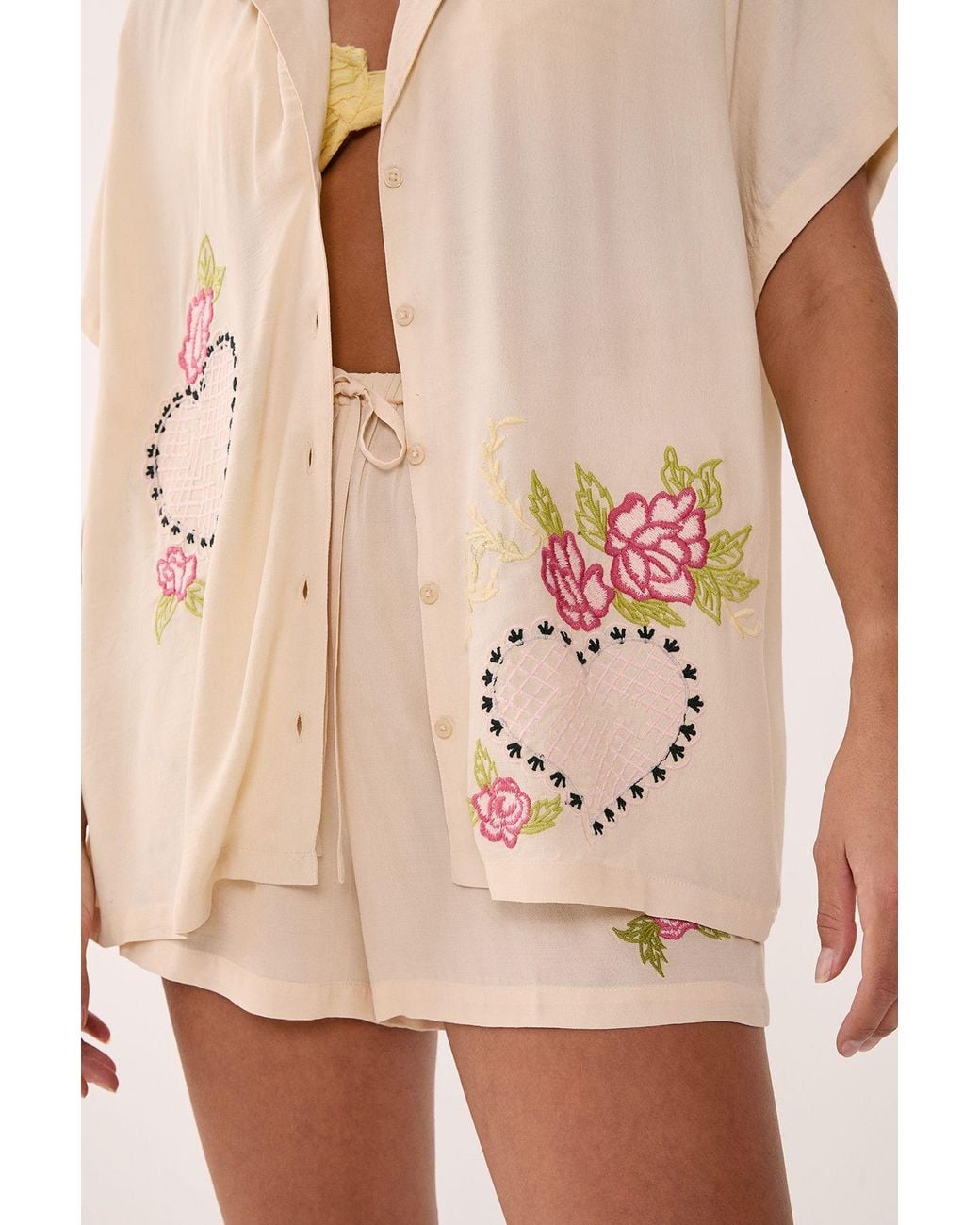 Nasty Gal Natural Cross Hatch Heart Embroidered Resort Shirt
