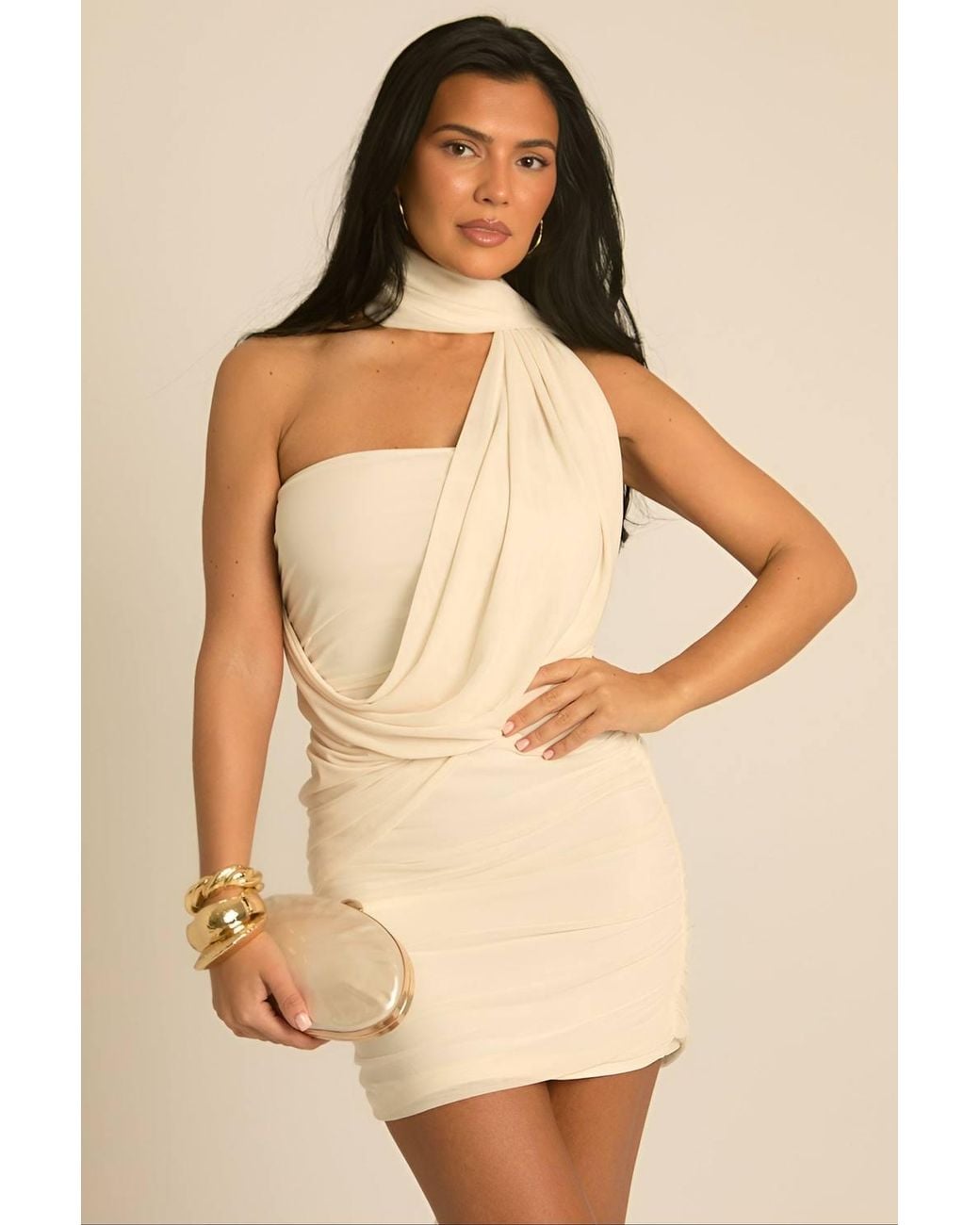 Rebellious Fashion Natural Mesh Draped Scarf Mini Dress