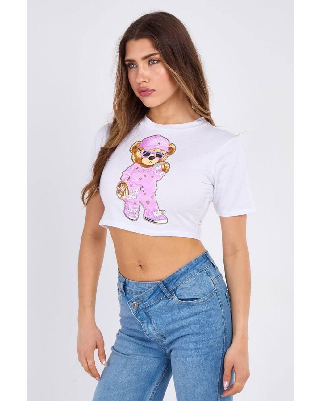 Stylewise White Teddy Graphic Glitter Detail Crew Neck Crop Top