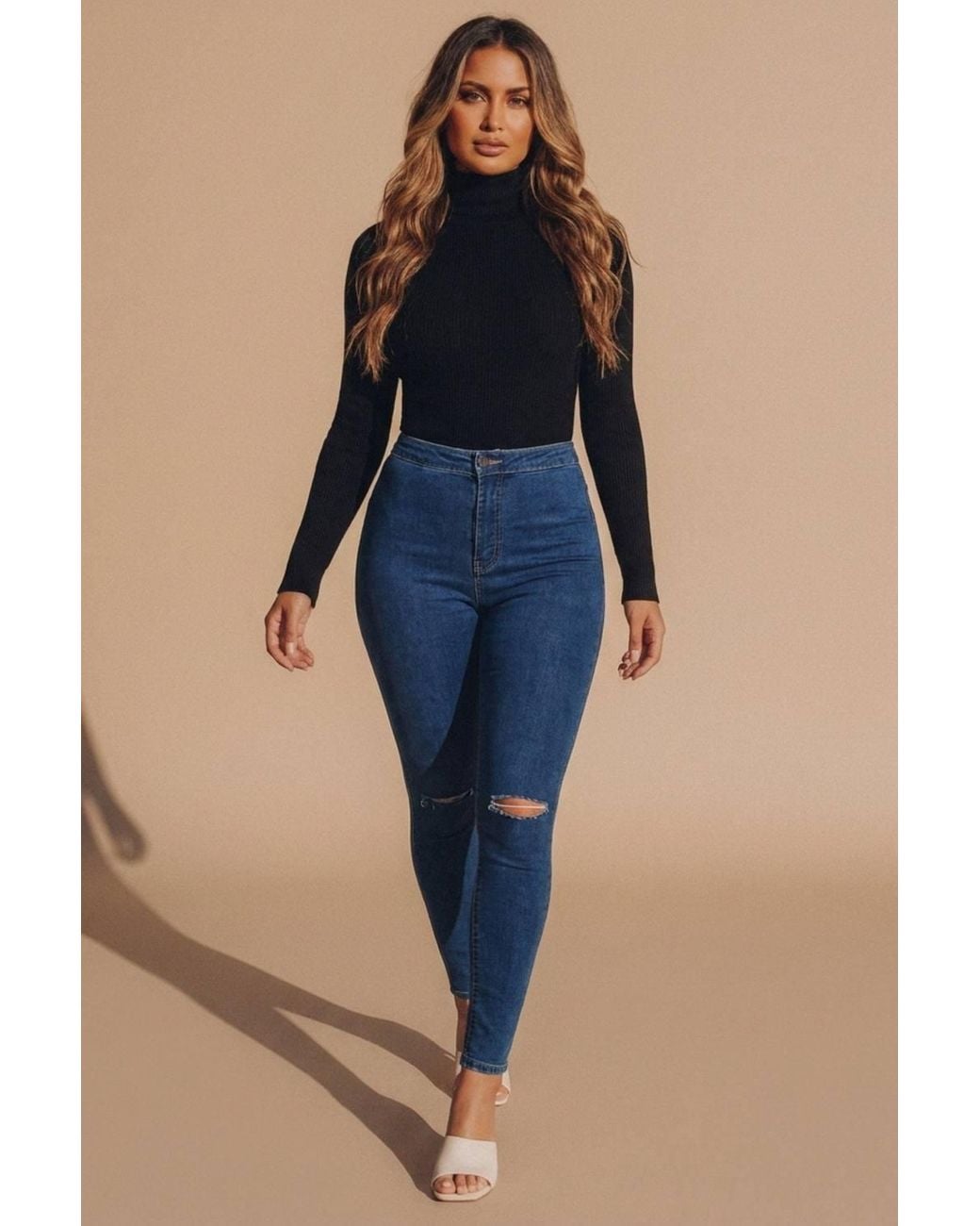 Femme Luxe Blue High Waisted Skinny Jeans With Rip Detail