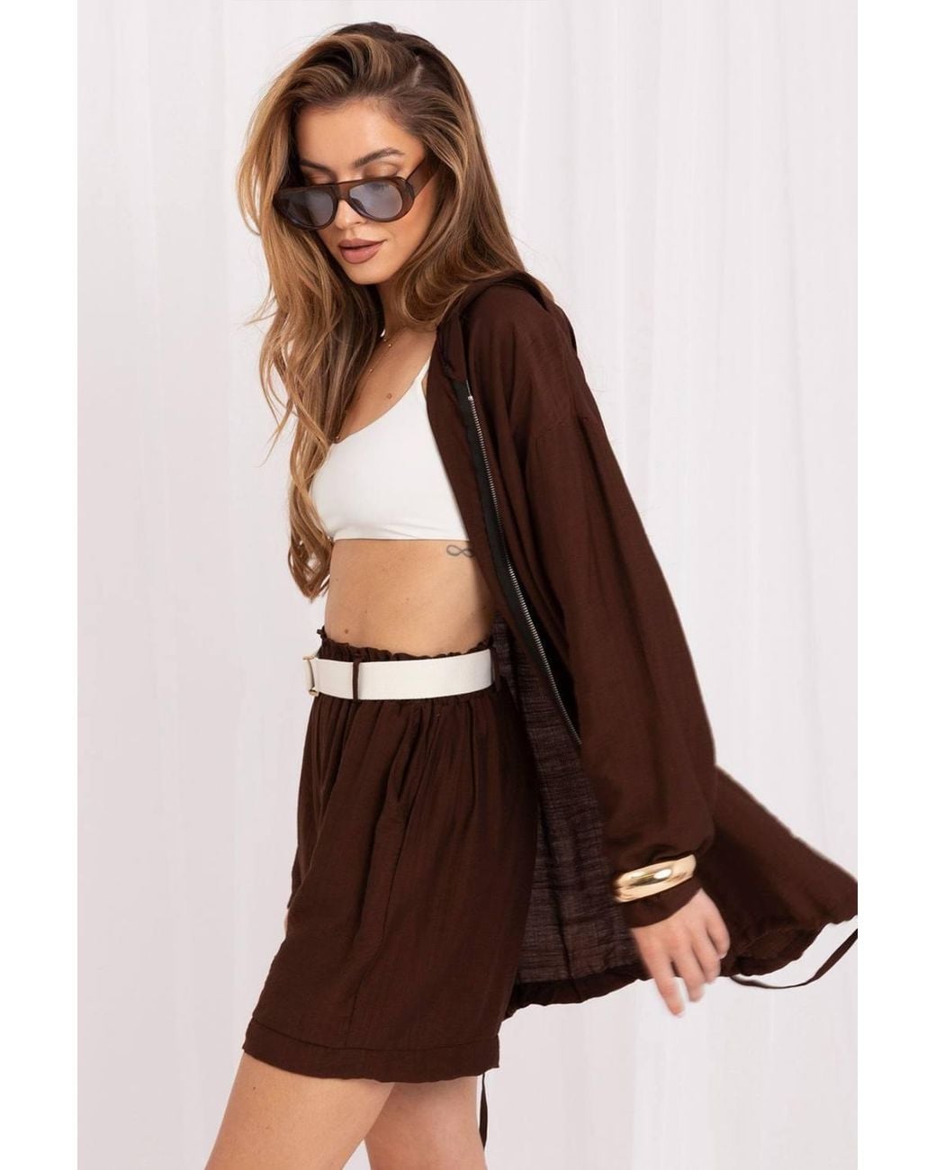 Love Lace Brown Viscose Wide Leg Tailored Shorts With Belt