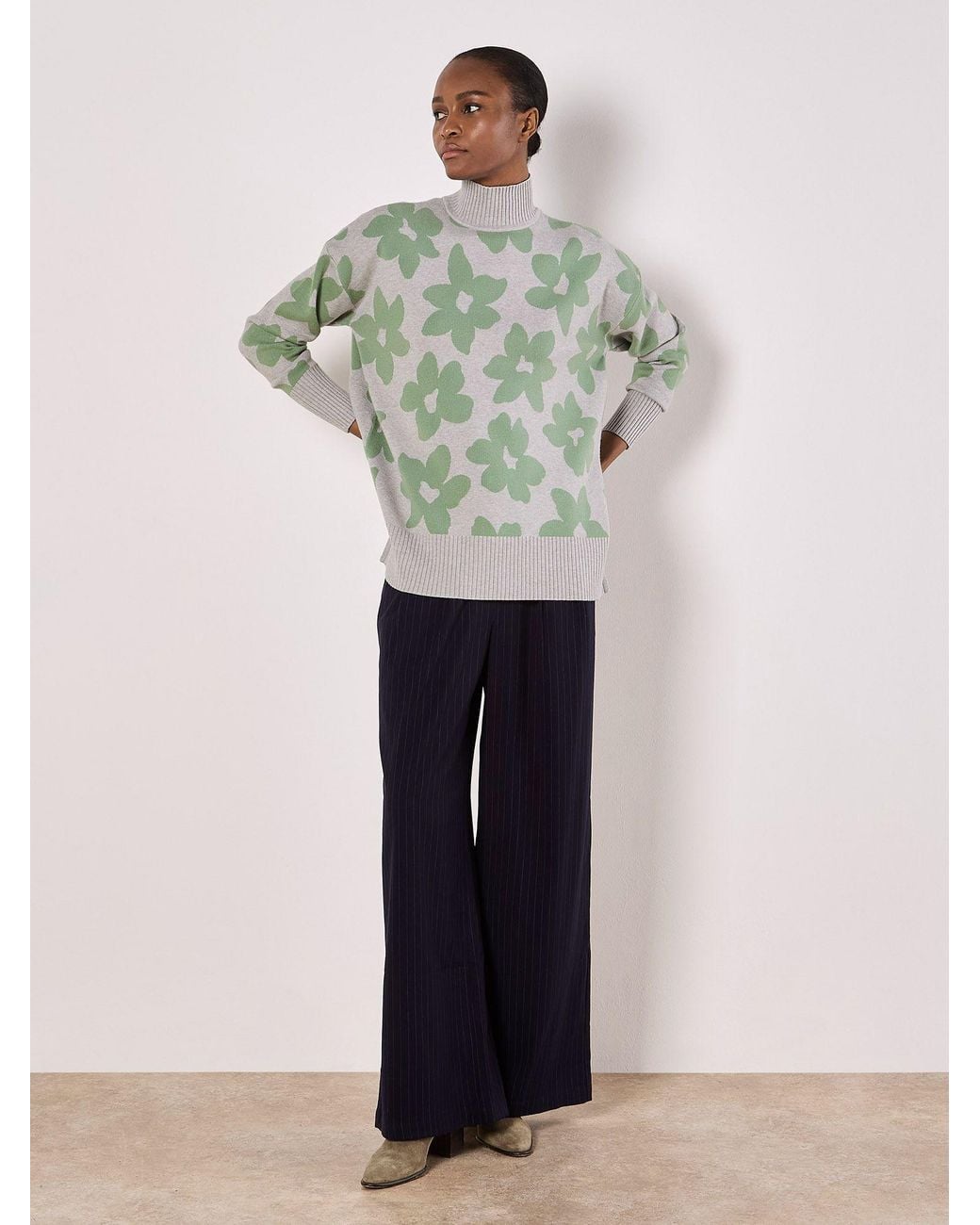 Apricot Green Flower Oversized Mock Neck Jumper