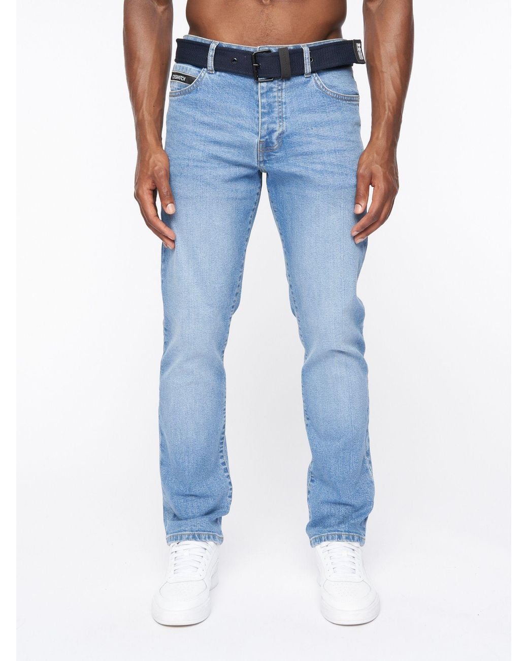 Crosshatch Blue Princed Classic 5-Pocket Cotton Stretch Jeans With Branded Belt for men