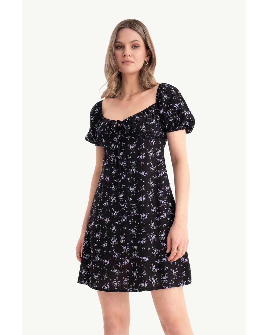 Hiccup Blue Floral Sweetheart Neck Mini Dress With A Balloon Sleeves