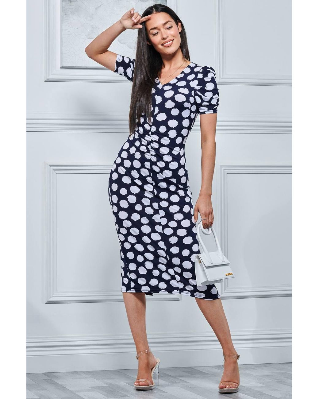 Jolie Moi Blue V Neck Bodycon Midi Dress