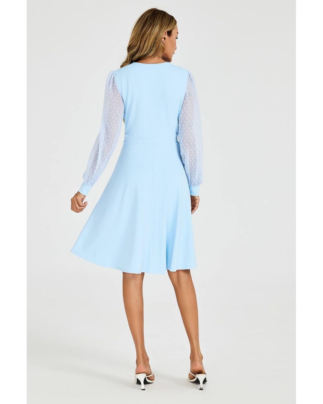 FS Collection Blue V Neck Midi Dress With Sheer Long Sleeve