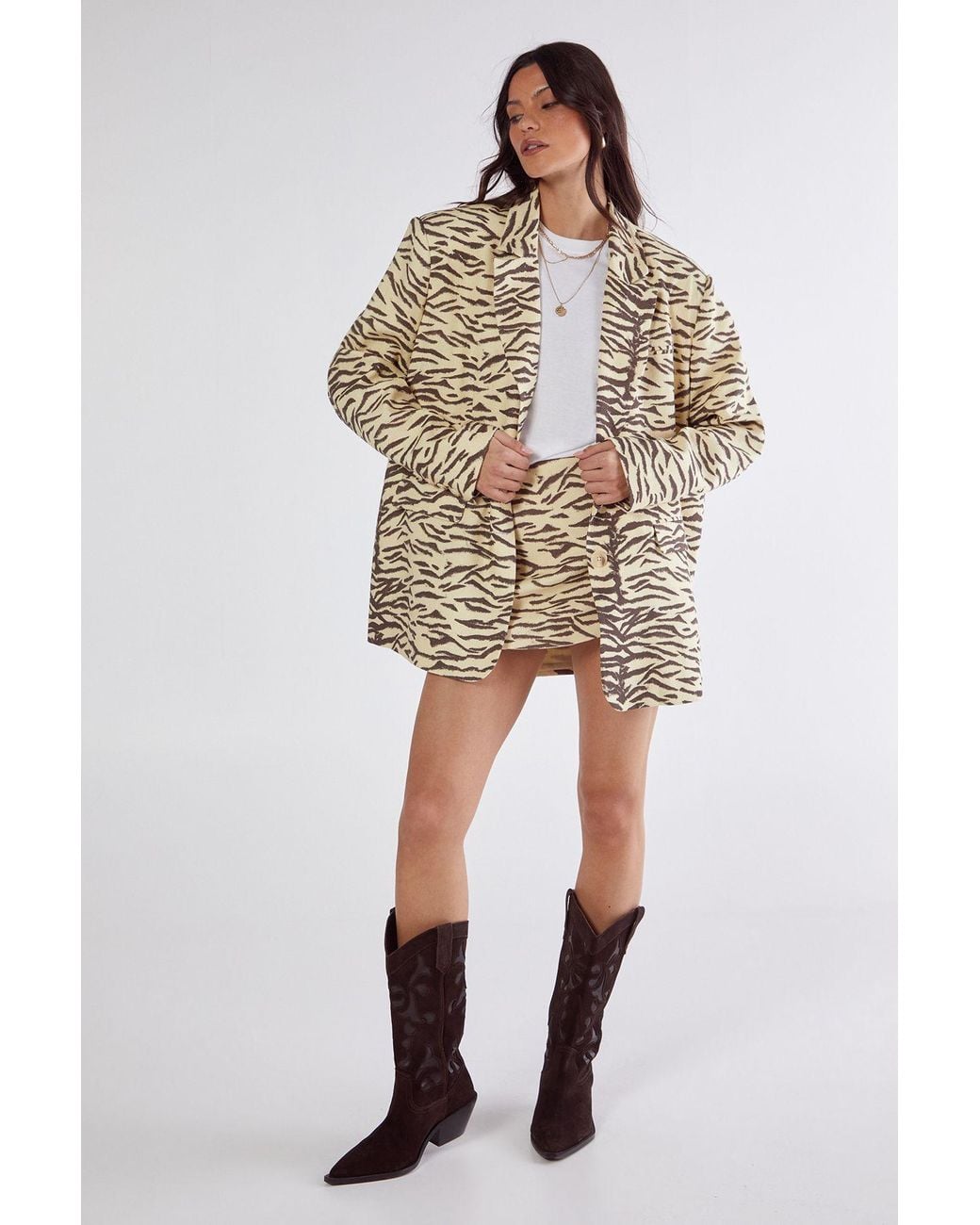 Nasty Gal Natural Zebra Linen Print Oversized Blazer