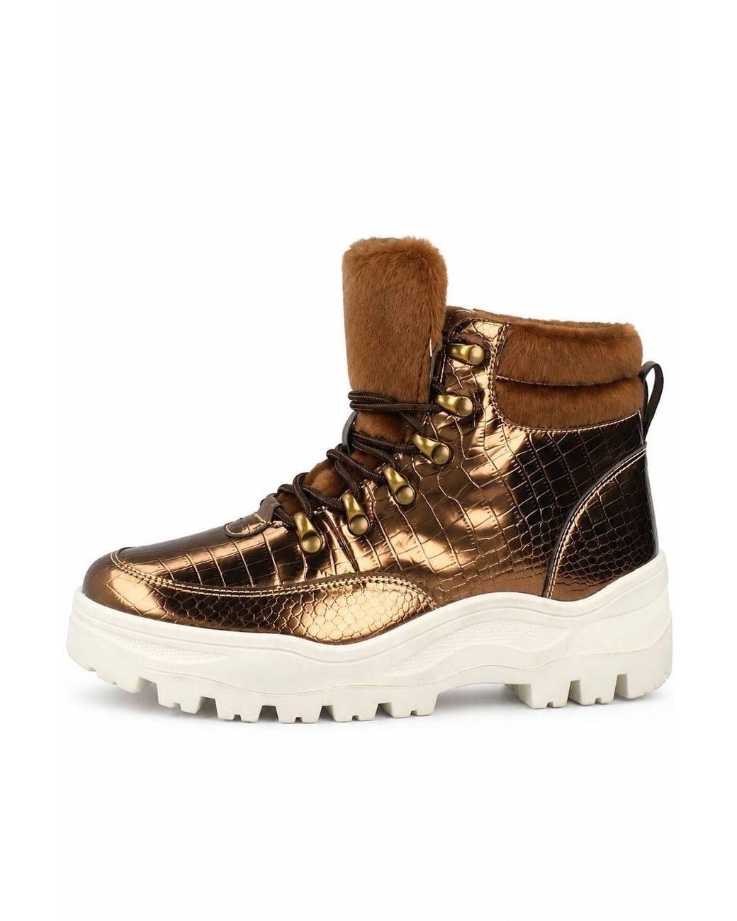 Spot on Brown Patent Lace Up Chunky Sole Ankle Boots