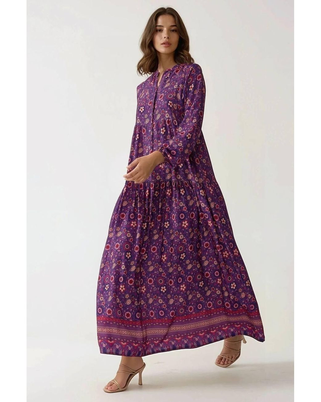 Hiccup Purple Printed V-Neck Maxi Dress With Buttons