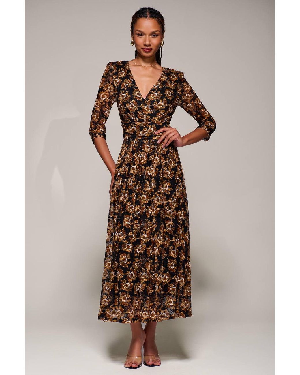 Jolie Moi Brown Three Quarter Sleeve Printed Lace Maxi Dress
