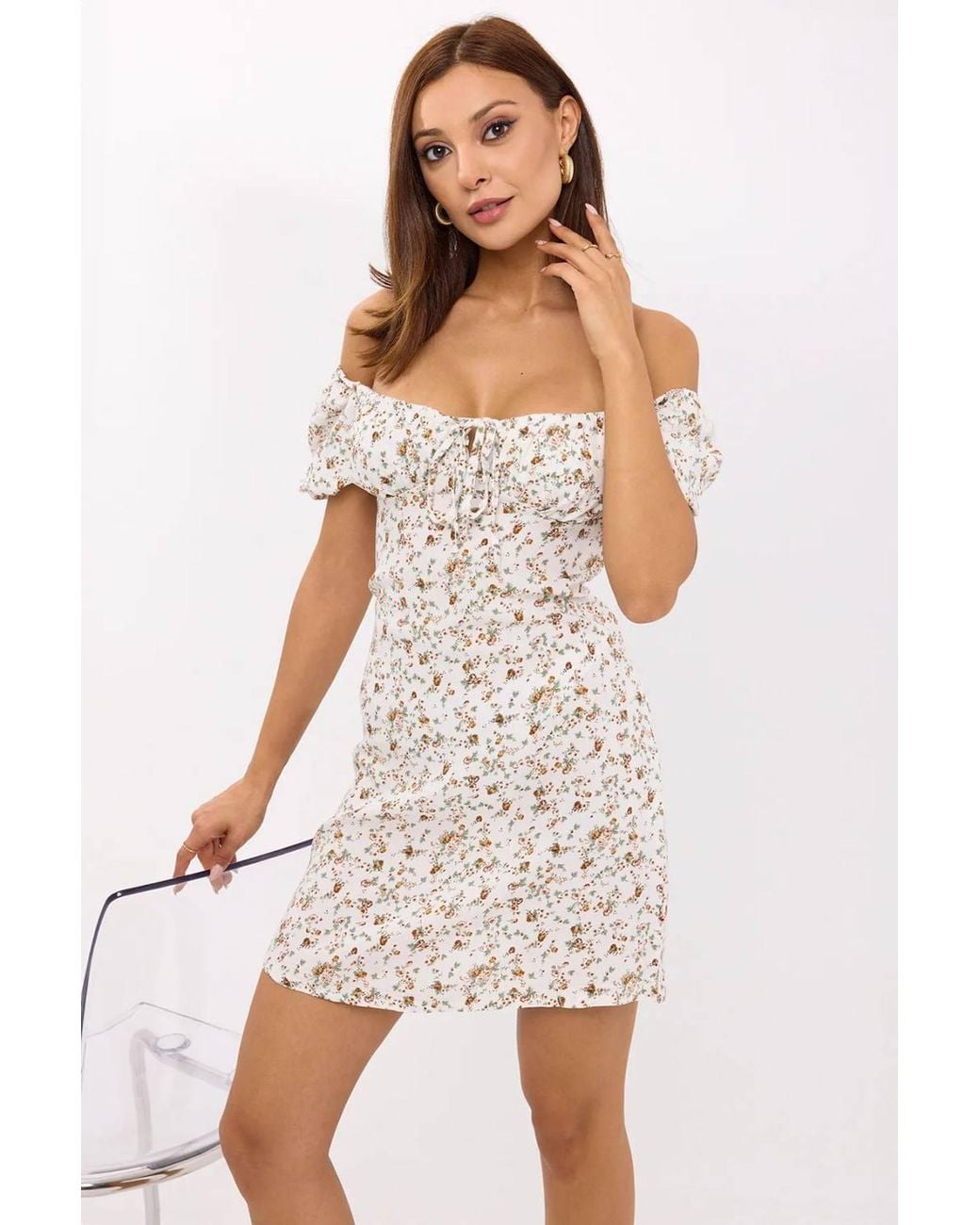 Hiccup White Floral Sweetheart Neck Mini Dress With A Balloon Sleeves