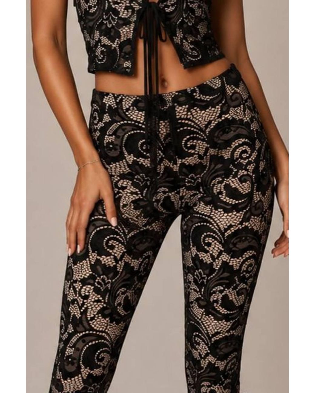 Stylewise Brown Lace Tie-Front Cropped Top & Capri Legging Co-Ord Set