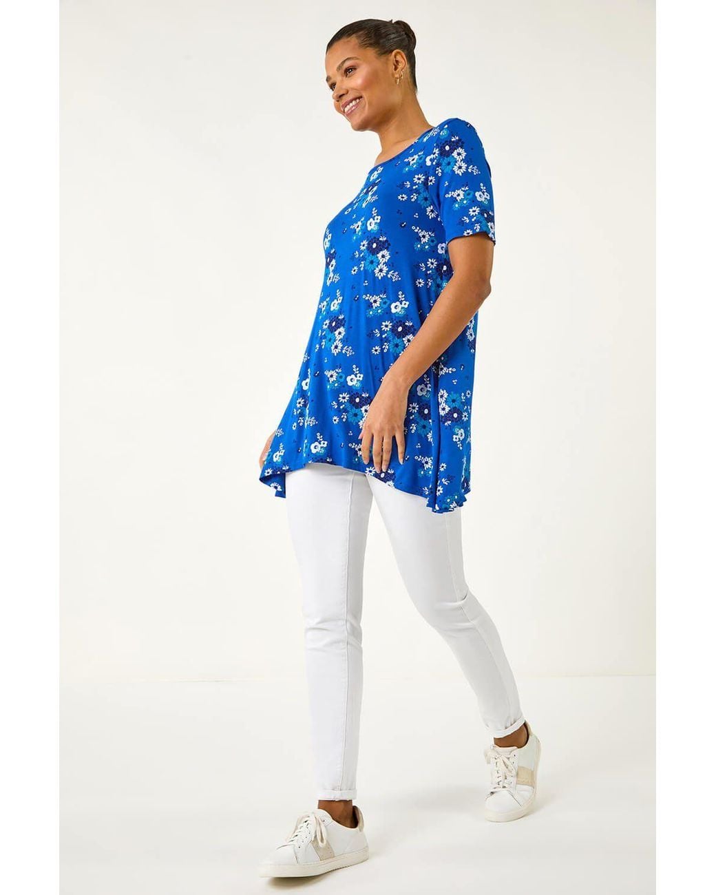 Roman Blue Floral Print Hanky Hem Tunic Top
