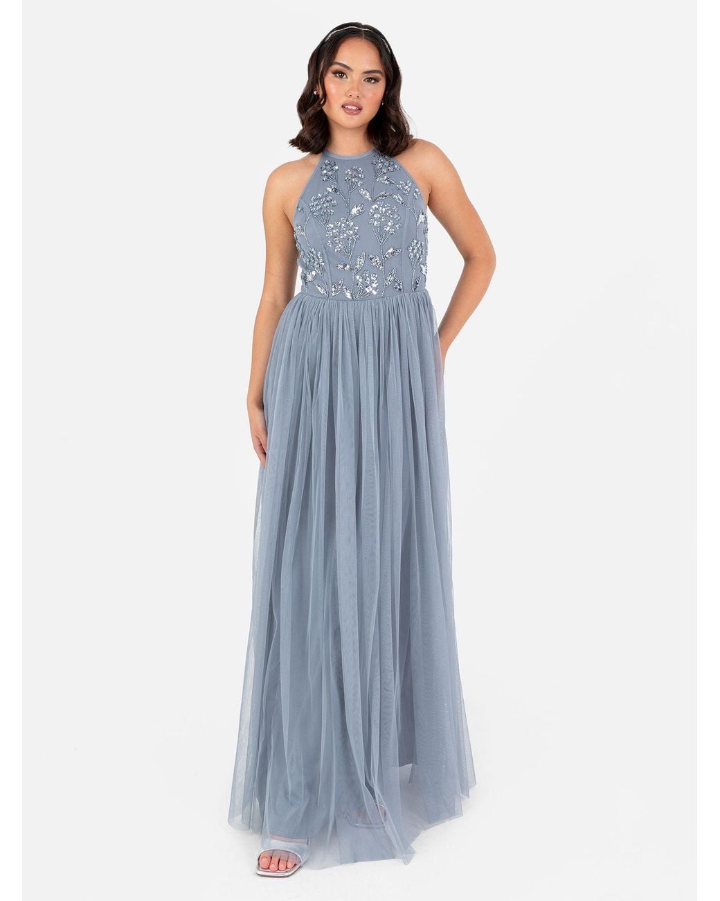 Maya Deluxe Blue Floral Embellished Halter Neck Maxi Dress