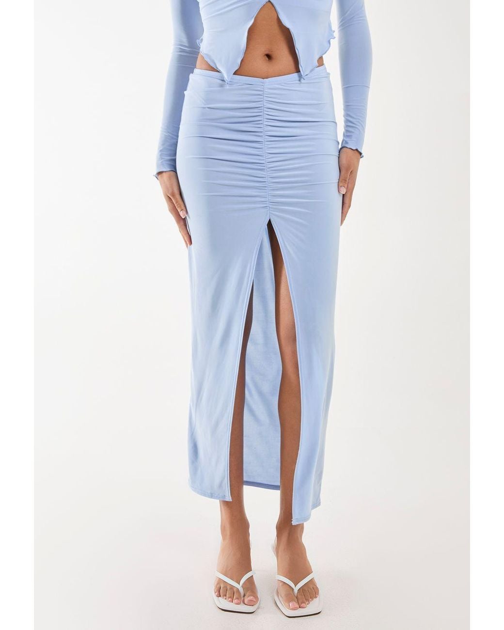 Pink Vanilla Blue Slinky Ruched Maxi Skirt