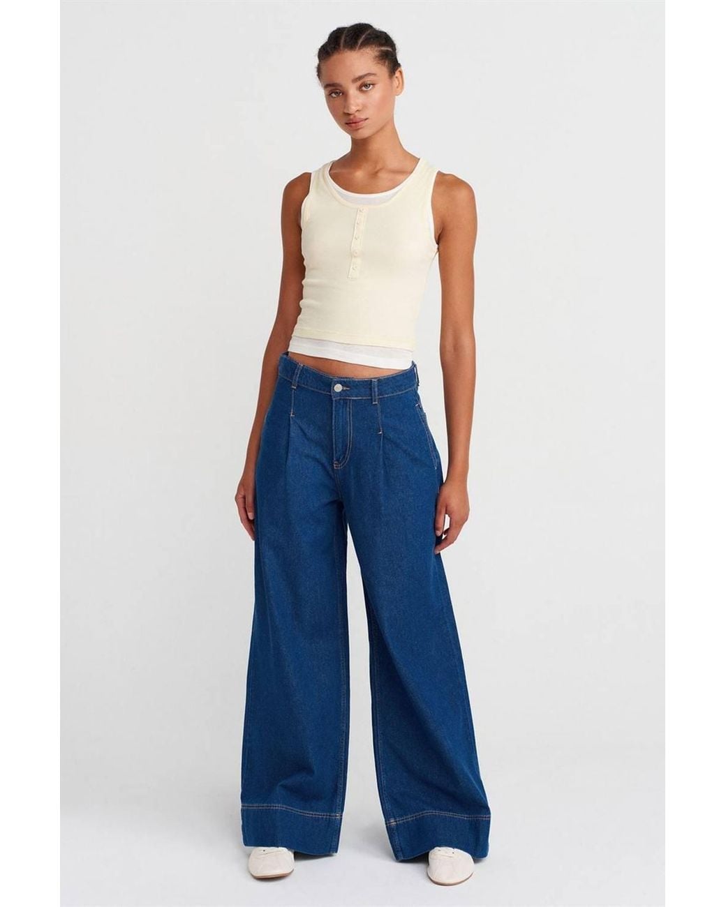Dilvin Blue Cotton Ribbed Sleeveless Button Blouse
