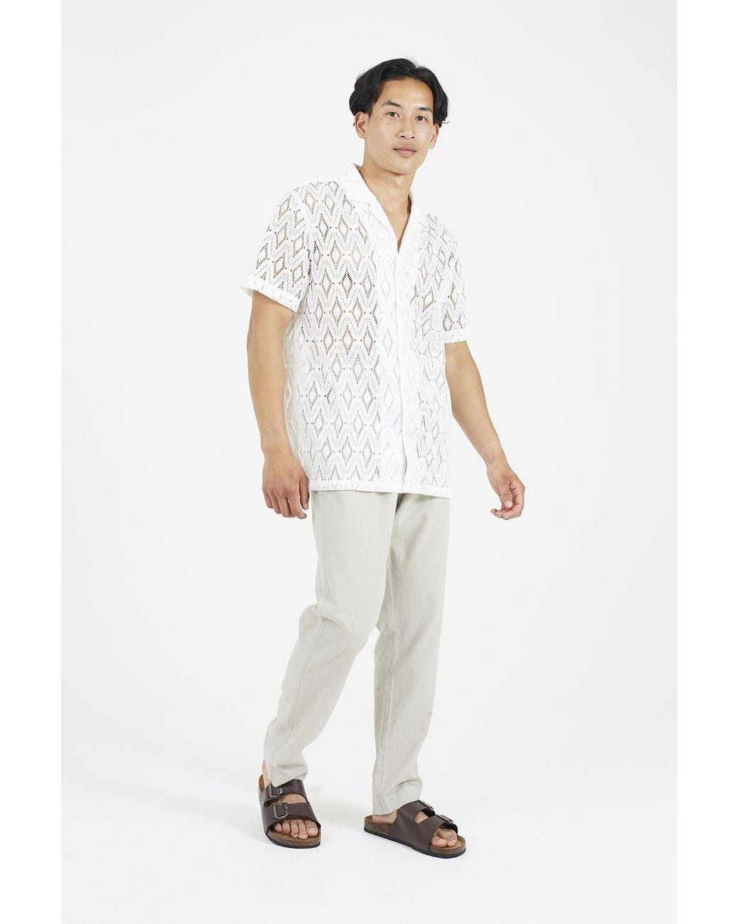 Brave Soul White Geometric Crochet Short Sleeve Shirt for men