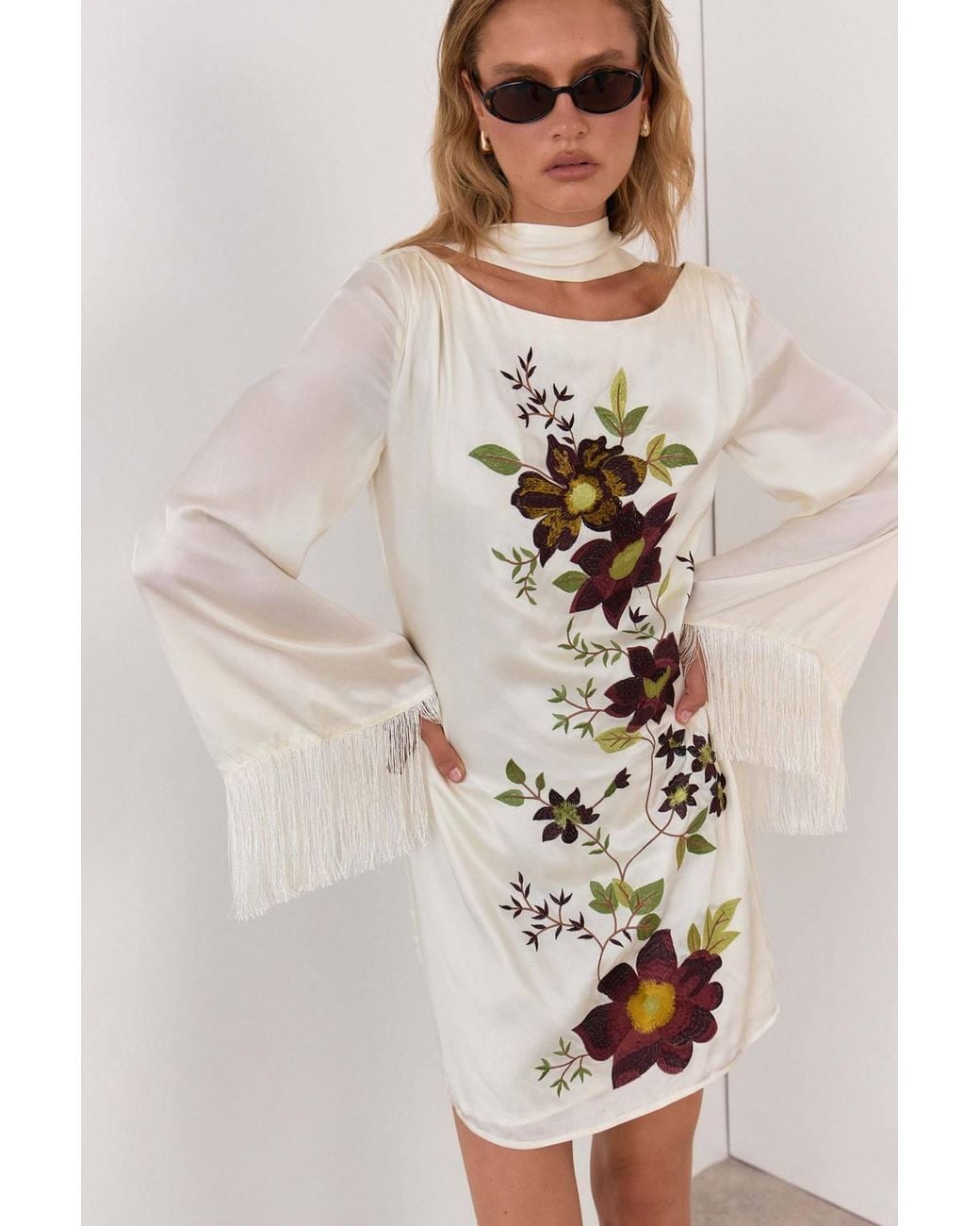 Warehouse Natural Premium Embroidered Fringed Scarf Detail Mini Dress
