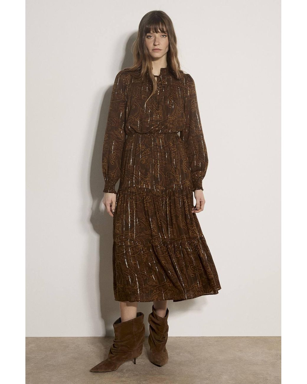 Apricot Brown Paisley Metallic Shimmer Tiered Midi Dress