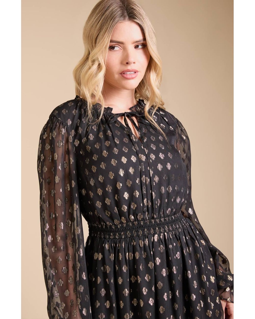 Dorothy Perkins Black Tie Neck Metallic Jacquard Blouson Sleeve Midaxi Dress