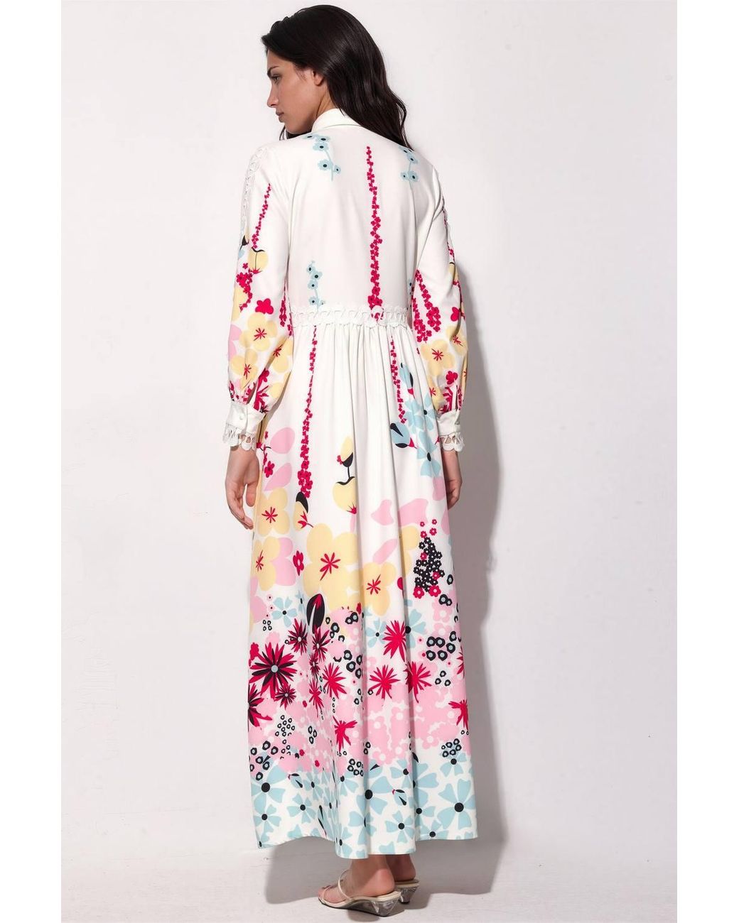 Msn-Collection White Floral Shirt Collar A-Line Maxi Dress