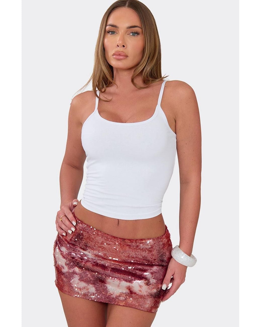 EGO White Sequin Textured Low Rise Mini Skirt