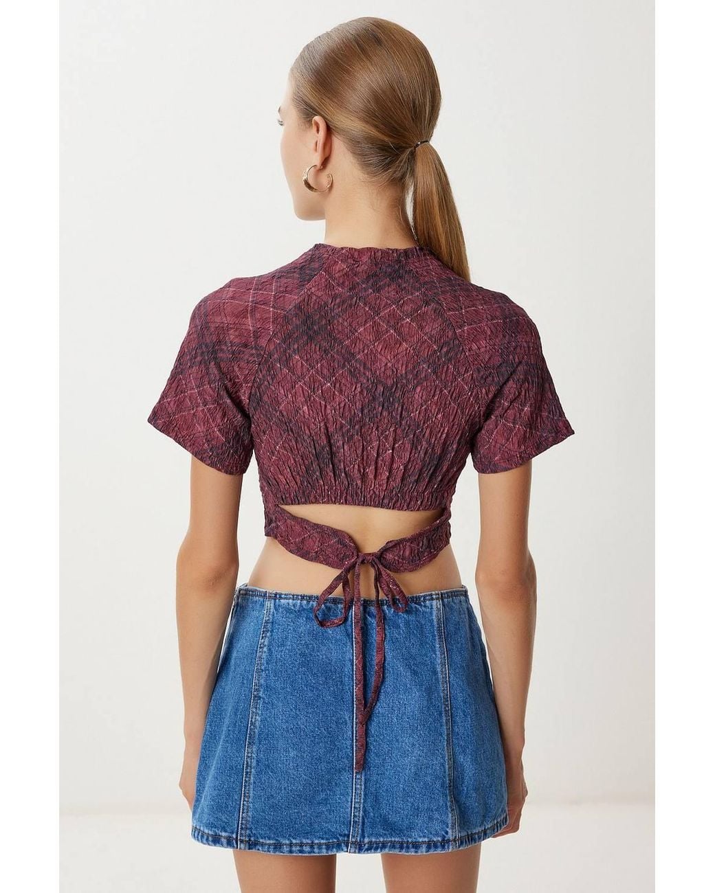 Happiness İstanbul Red Abstract Print Short Sleeve Slim Fit Crop Blouse
