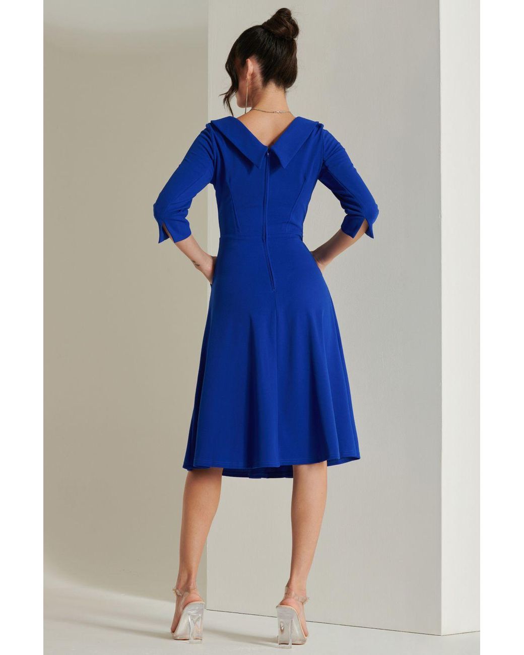 Jolie Moi Blue Fold Neckline Sleeved Midi Dress