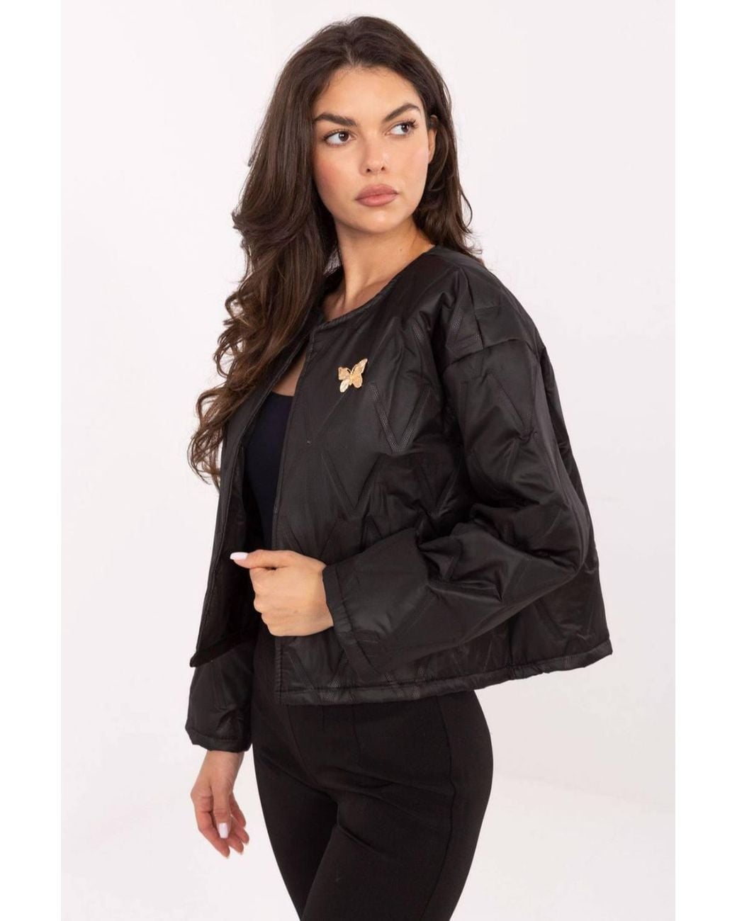 Love Lace Black Lightweight Collarless Quilted Jacket With Brooch