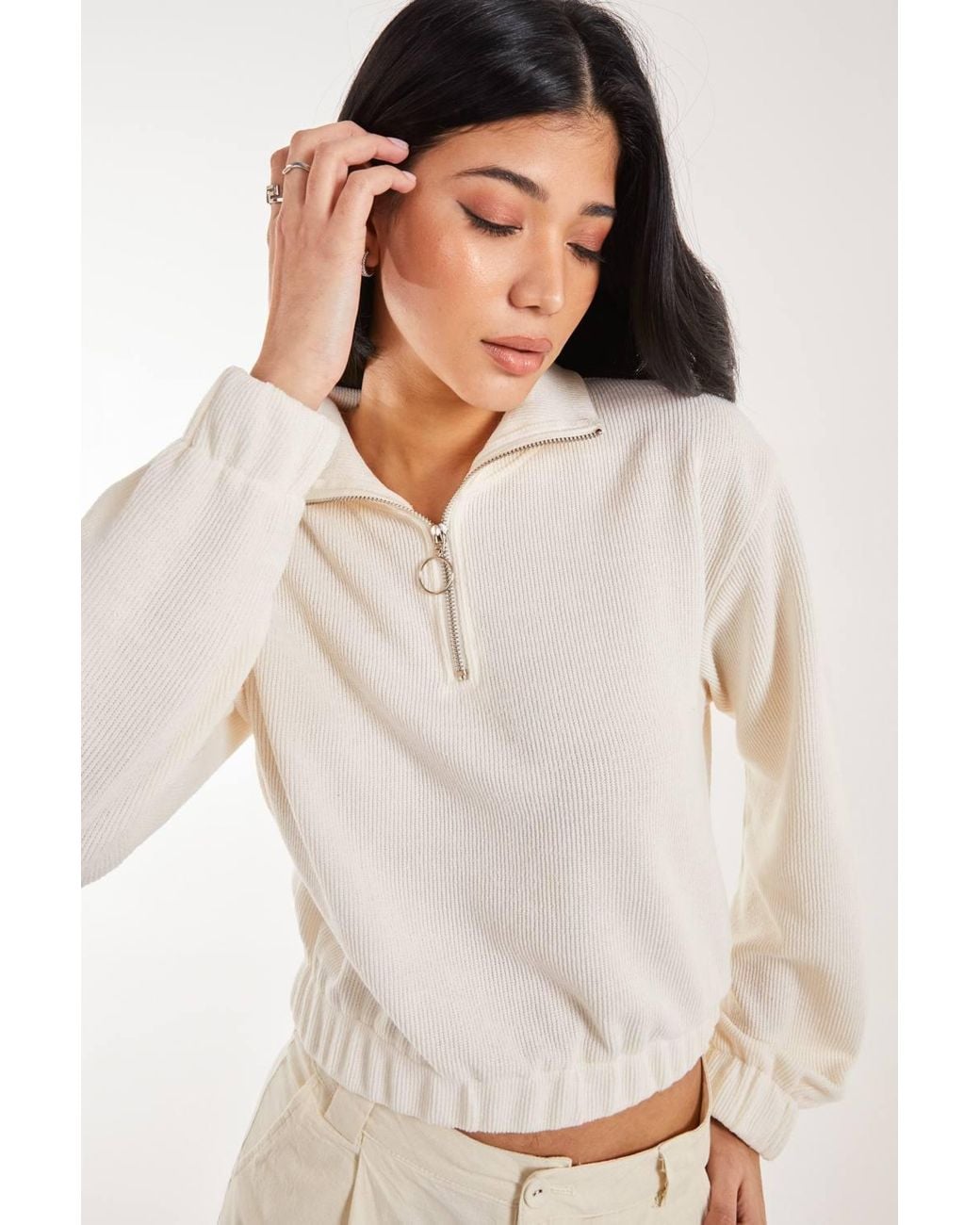Pink Vanilla White High Neck Zip Up Cropped Sweateshirts