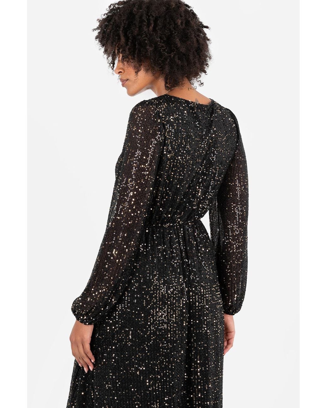 Lovedrobe Black Sequin Faux Wrap Long Sleeve Midi Dress